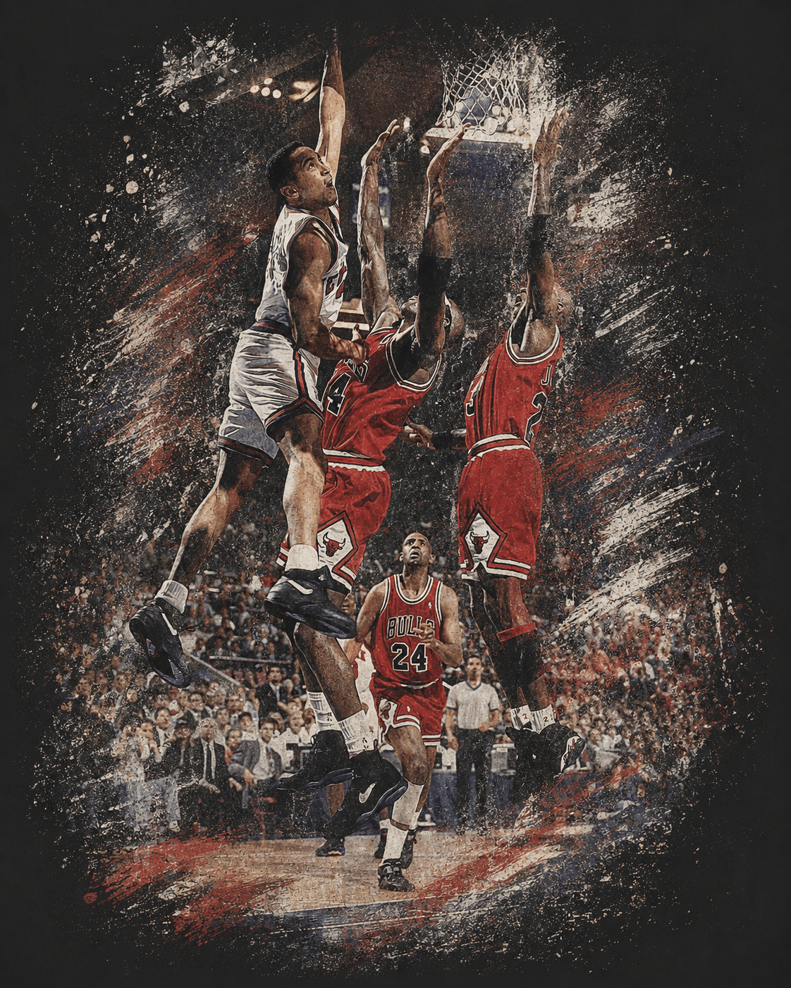 John Starks - The Dunk! Classic image of John Starks dunking on the Champion Bulls with Michael Jordan and Scottie Pippen defending! Knicks are Back! NBA! - Lasercraft Design