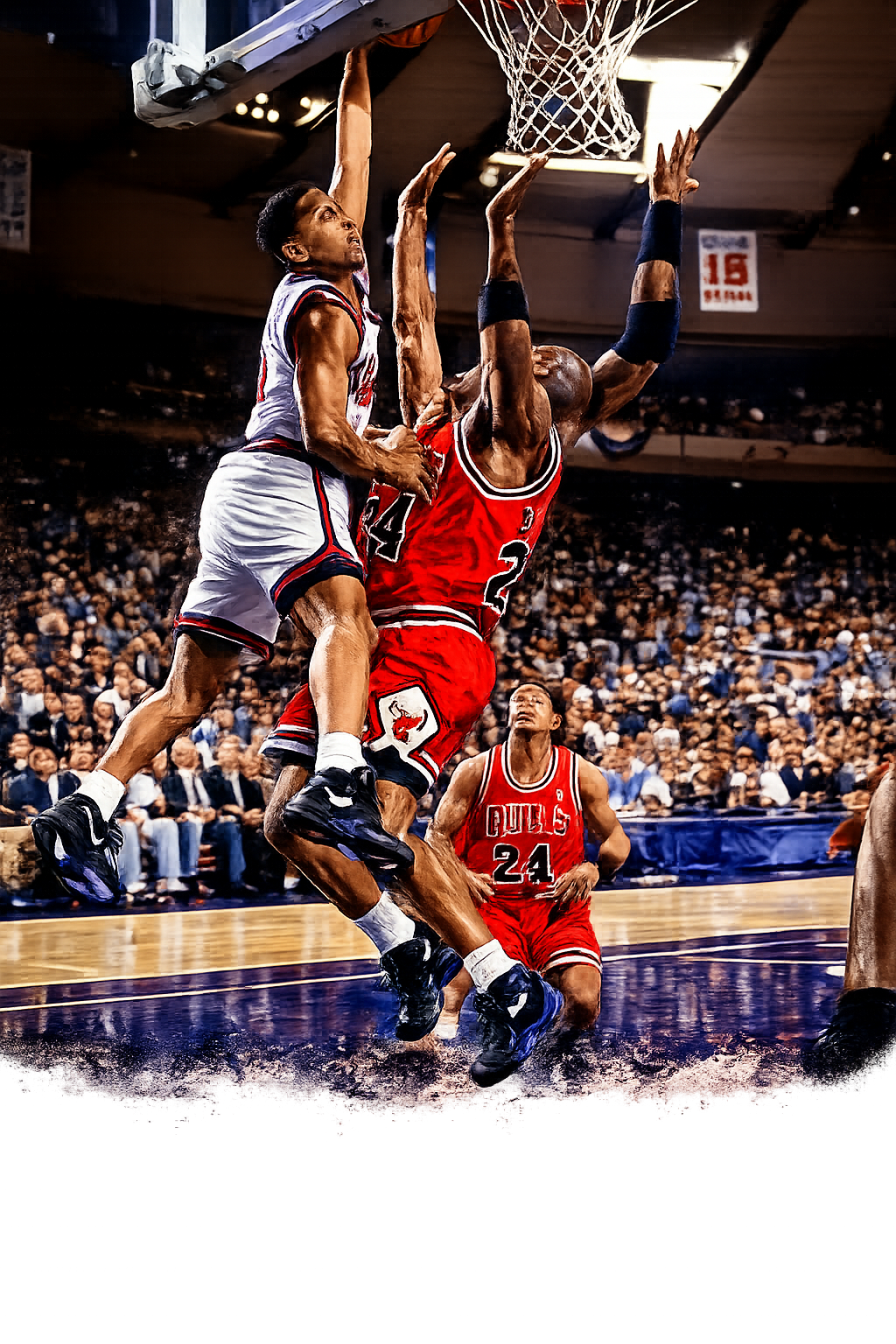 John Starks - The Dunk! Classic image of John Starks dunking on the Champion Bulls with Michael Jordan and Scottie Pippen defending! Knicks are Back! NBA! - Lasercraft Design