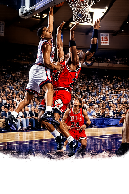 John Starks - The Dunk! Classic image of John Starks dunking on the Champion Bulls with Michael Jordan and Scottie Pippen defending! Knicks are Back! NBA! - Lasercraft Design